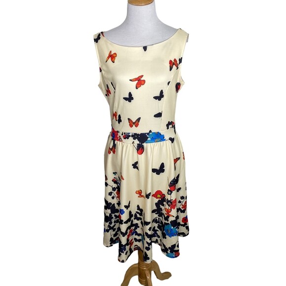 Owin Cream Butterfly Floral A Line Fit and Flare Dress. Size Medium. New - Picture 8 of 8